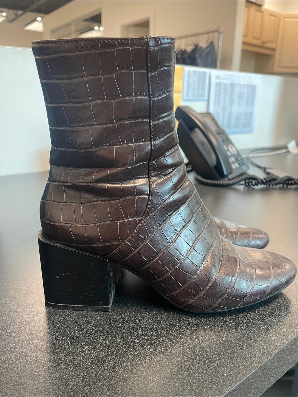 Zara Dark Brown Croc-Embossed Block Heel Ankle Boots